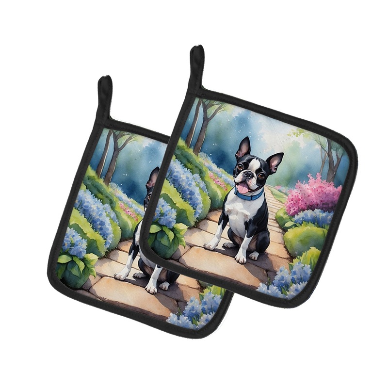 Boston Terrier Spring Path Pot Holders - Set of 2 Decorative Kitchen Helpers | Made in the USA