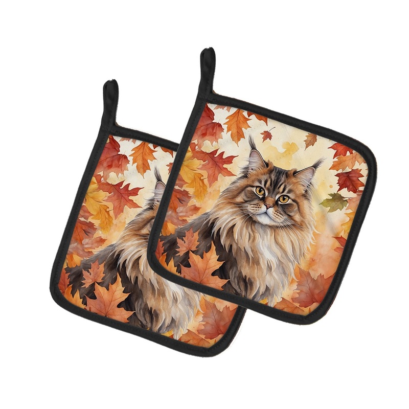 British Longhair Cat in Fall Leaves Pot Holders - Set of 2 Decorative Kitchen Helpers | Made in the USA