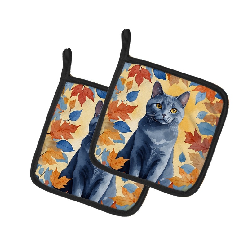 Chartreux Cat in Fall Leaves Pot Holders - Set of 2 Decorative Kitchen Helpers | Made in the USA