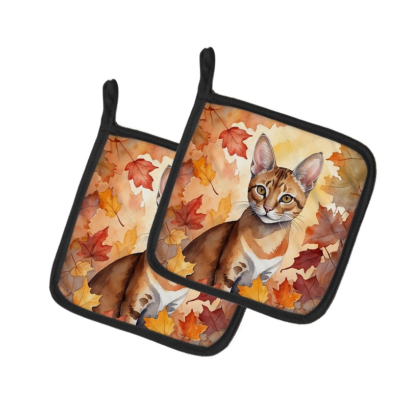 Chausie Cat in Fall Leaves Pot Holders - Set of 2 Decorative Kitchen Helpers | Made in the USA