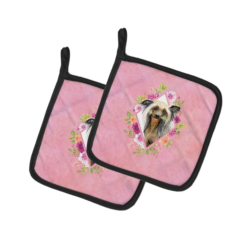 Chinese Crested Pink Flowers Pot Holders - Set of 2 - Heat-Resistant Kitchen Essentials CK4130PTHD