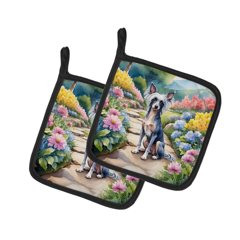 Chinese Crested Spring Path Pot Holders - Set of 2 Decorative Kitchen Helpers | Made in the USA