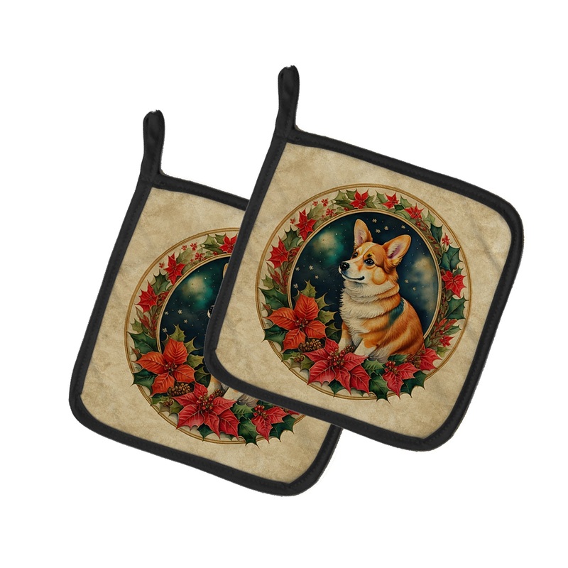 Corgi Christmas Flowers Pot Holders - Set of 2 Decorative Kitchen Helpers | Made in the USA