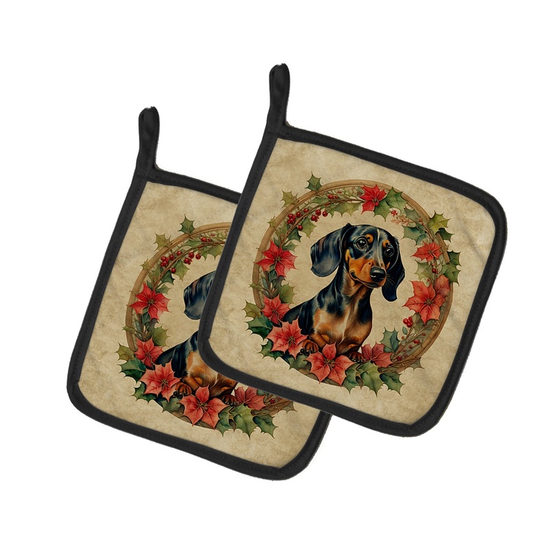 Dachshund Christmas Flowers Pot Holders - Set of 2 Decorative Kitchen Helpers | Made in the USA