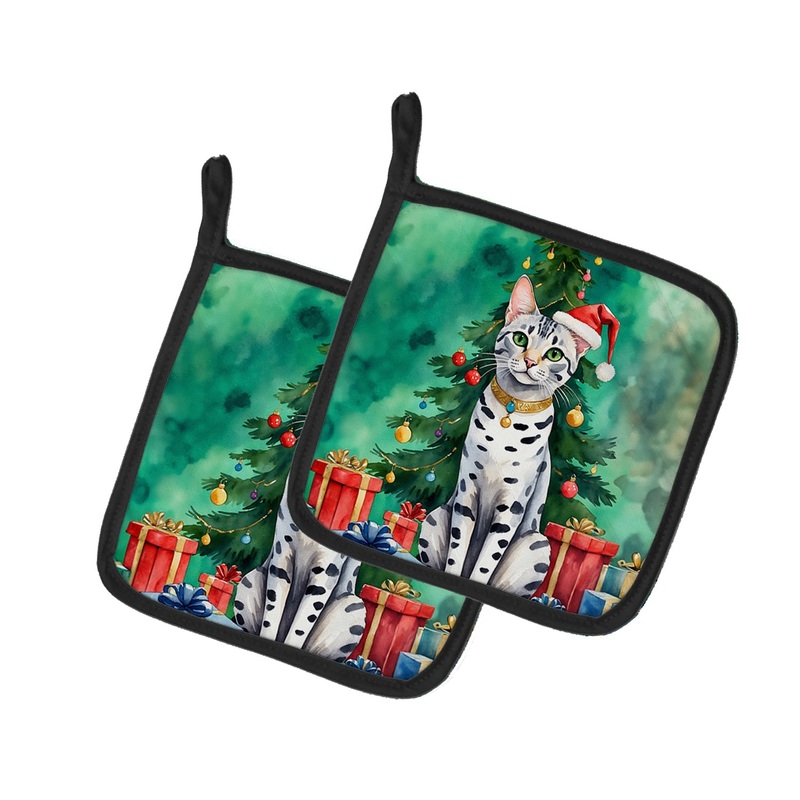Egyptian Mau Cat By the Christmas Tree Pot Holders - Set of 2 Decorative Kitchen Helpers | Made in the USA