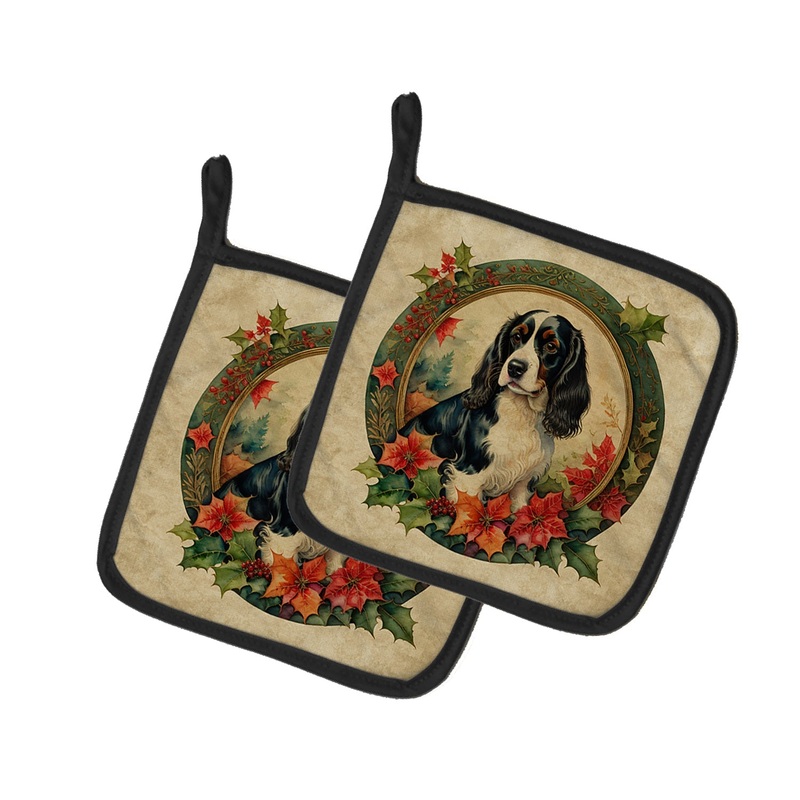English Springer Spaniel Christmas Flowers Pot Holders - Set of 2 Decorative Kitchen Helpers | Made in the USA