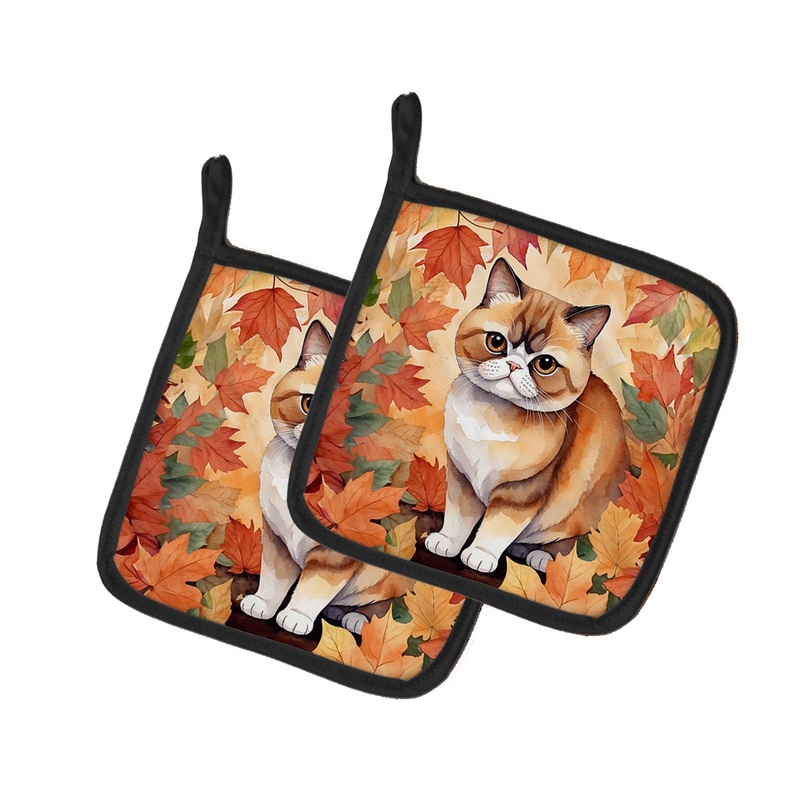 Exotic Shorthair Cat in Fall Leaves Pot Holders - Set of 2 Decorative Kitchen Helpers | Made in the USA