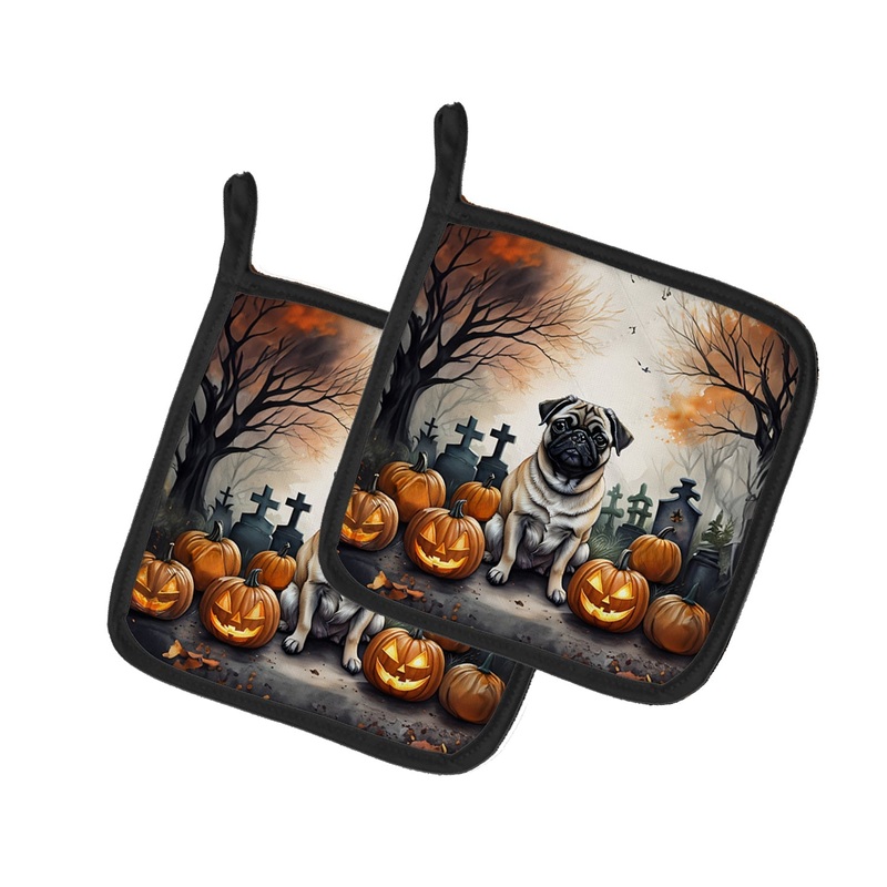 Fawn Pug Spooky Halloween Pot Holders - Set of 2 Decorative Kitchen Helpers | Made in the USA