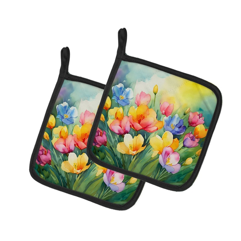 Freesias in Watercolor Pot Holders - Set of 2 Decorative Kitchen Helpers | Made in the USA