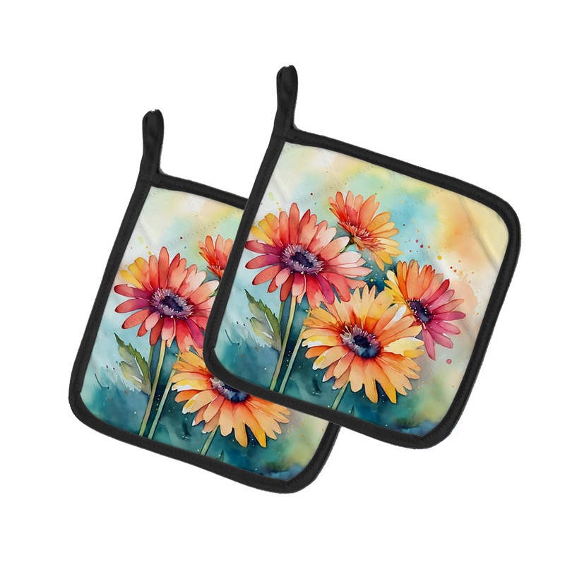 Gerbera Daisies in Watercolor Pot Holders - Set of 2 Decorative Kitchen Helpers | Made in the USA
