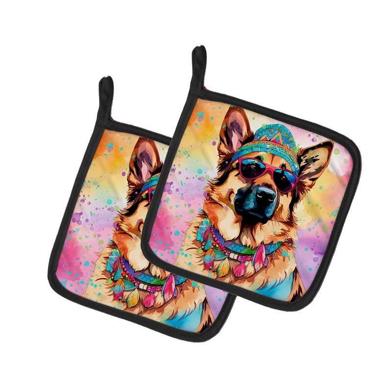German Shepherd Hippie Dawg Pot Holders - Set of 2 Decorative Kitchen Helpers | Made in the USA