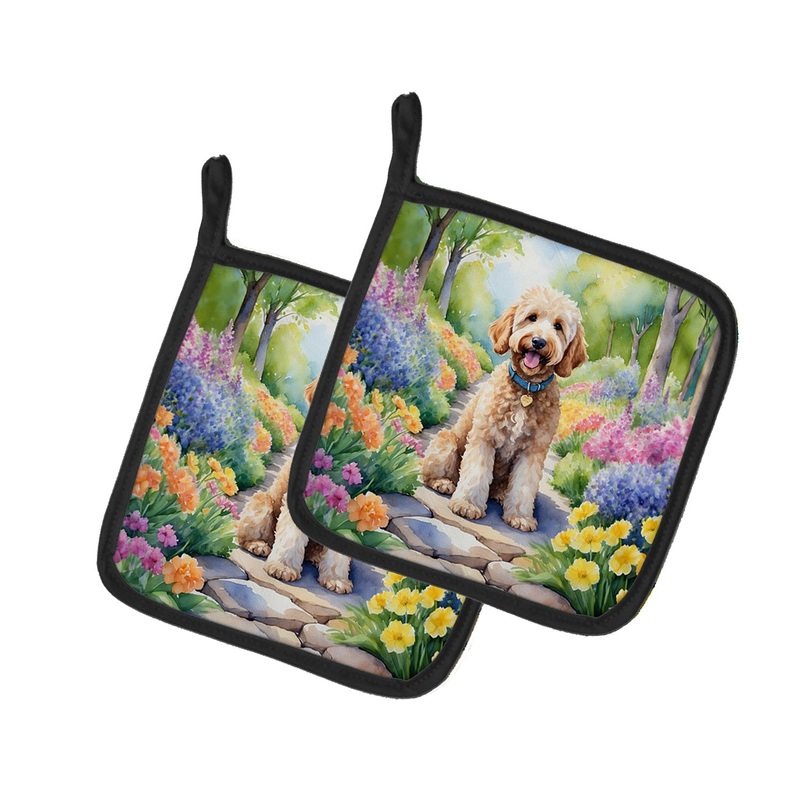 Goldendoodle Spring Path Pot Holders - Set of 2 Decorative Kitchen Helpers | Made in the USA