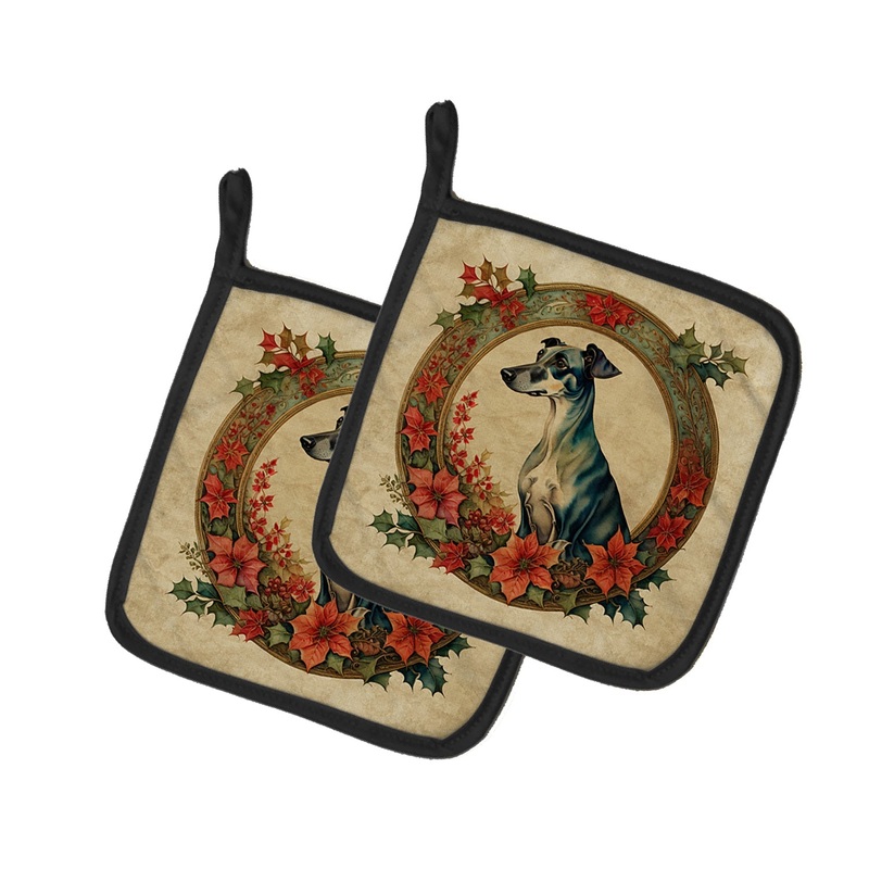 Greyhound Christmas Flowers Pot Holders - Set of 2 Decorative Kitchen Helpers | Made in the USA
