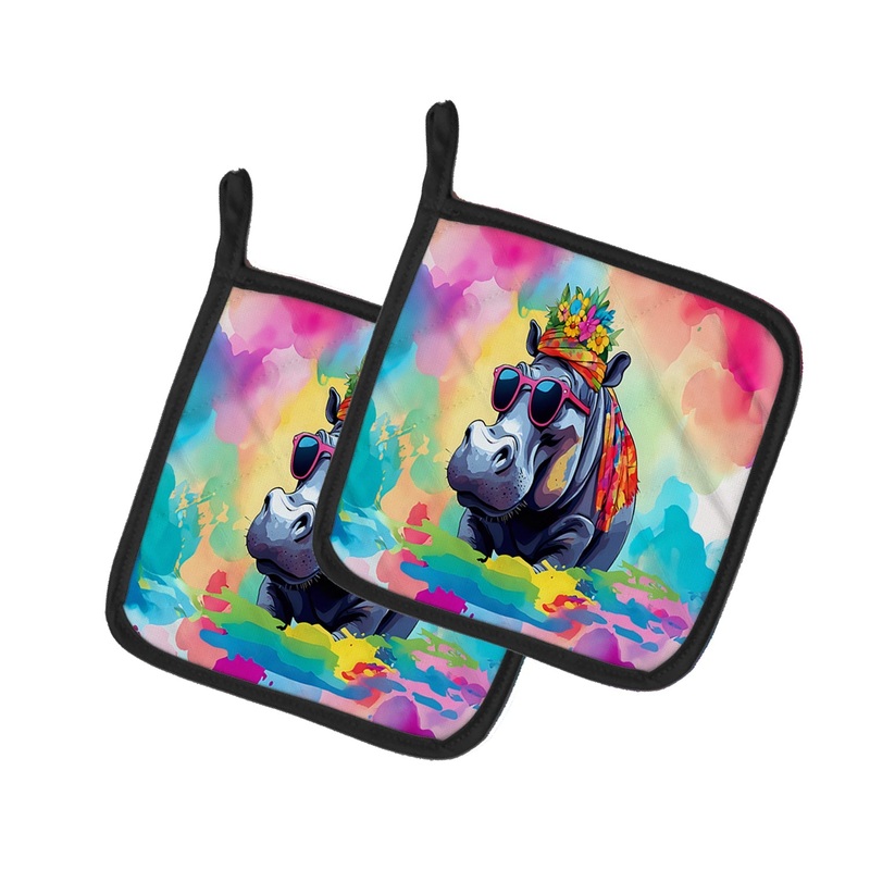 Hippie Animal Hippopotamus Pot Holders - Set of 2 Decorative Kitchen Helpers | Made in the USA