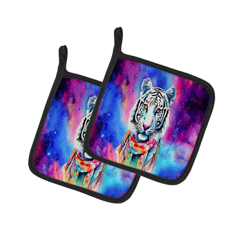 Hippie Animal White Tiger Pot Holders - Set of 2 Decorative Kitchen Helpers | Made in the USA