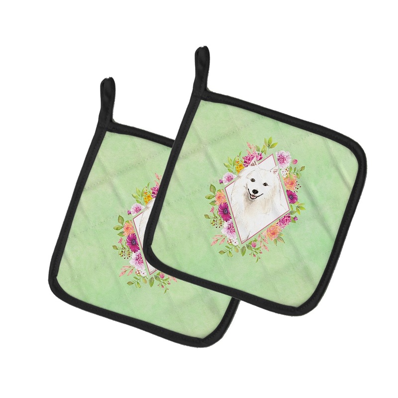 Japanese Spitz Green Flowers Pot Holders - Set of 2 - Heat-Resistant Kitchen Essentials CK4389PTHD
