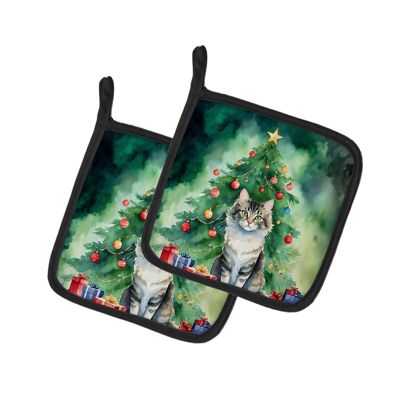 La Perm Cat By the Christmas Tree Pot Holders - Set of 2 Decorative Kitchen Helpers | Made in the USA