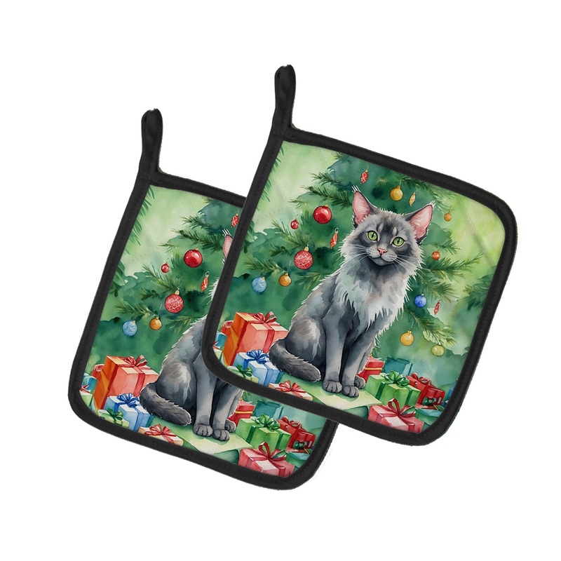 Lykoi Cat By the Christmas Tree Pot Holders - Set of 2 Decorative Kitchen Helpers | Made in the USA