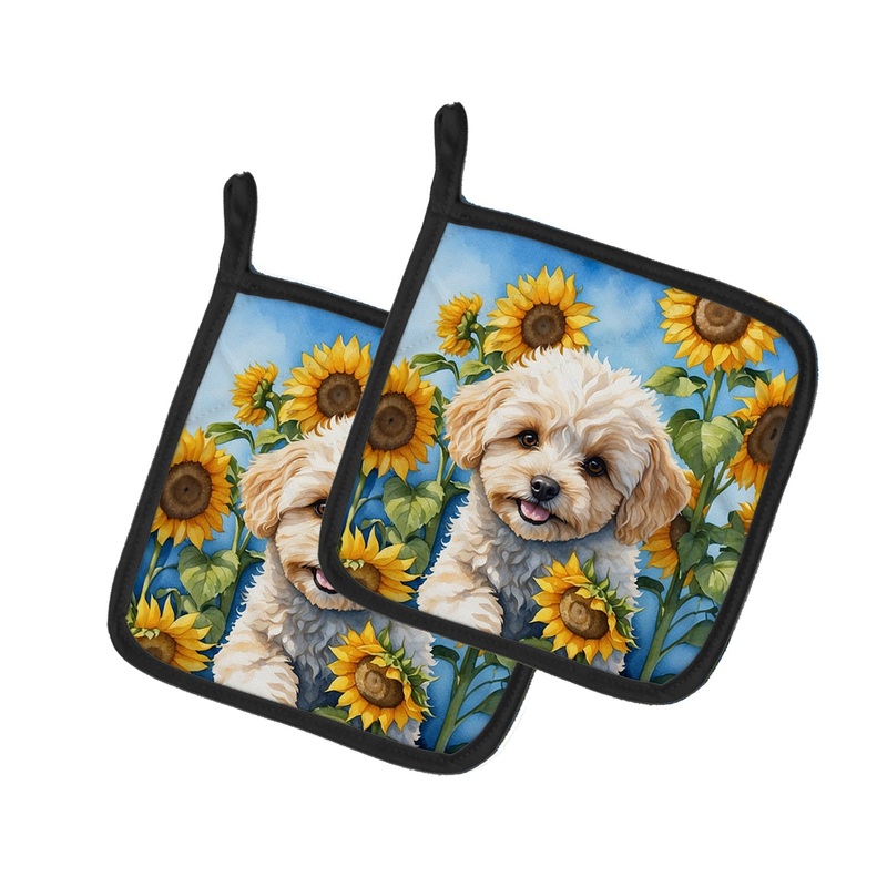 Maltipoo in Sunflowers Pot Holders - Set of 2 Decorative Kitchen Helpers | Made in the USA