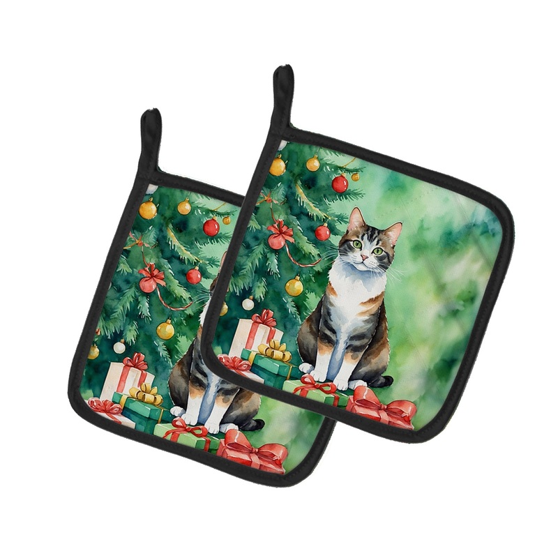 Manx Cat By the Christmas Tree Pot Holders - Set of 2 Decorative Kitchen Helpers | Made in the USA