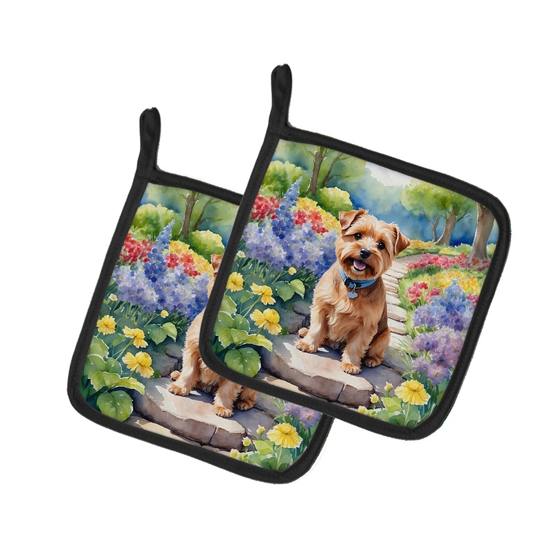 Norfolk Terrier Spring Path Pot Holders - Set of 2 Decorative Kitchen Helpers | Made in the USA