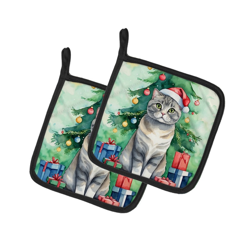 Scottish Fold Cat By the Christmas Tree Pot Holders - Set of 2 Decorative Kitchen Helpers | Made in the USA