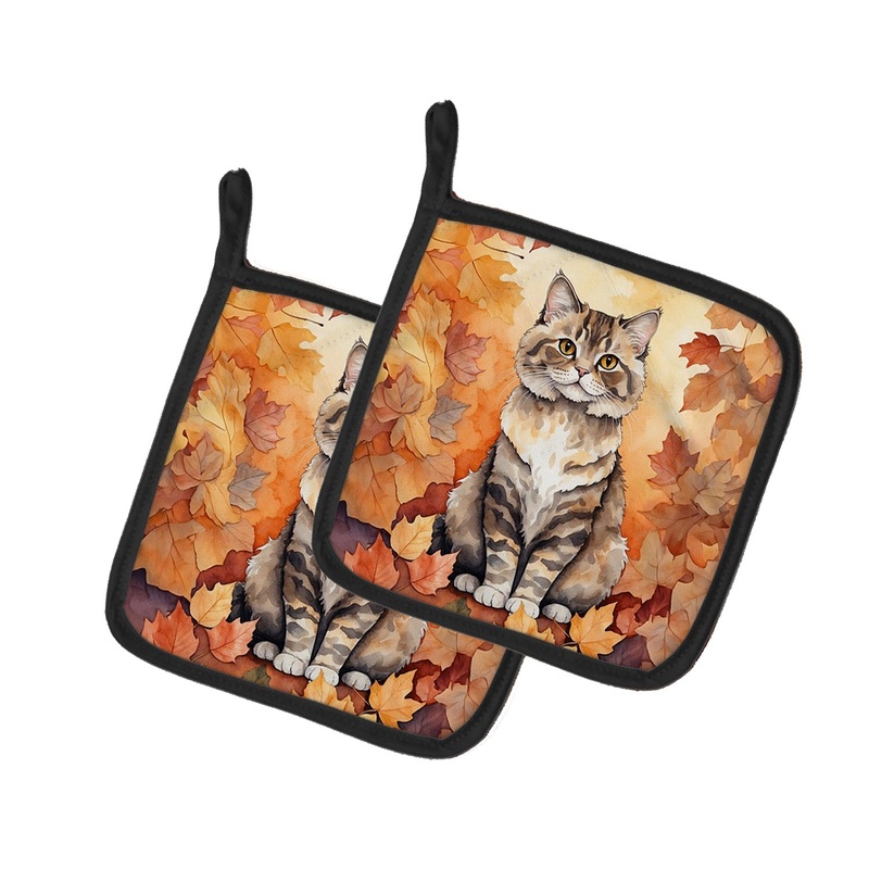 Selkirk Rex Cat in Fall Leaves Pot Holders - Set of 2 Decorative Kitchen Helpers | Made in the USA