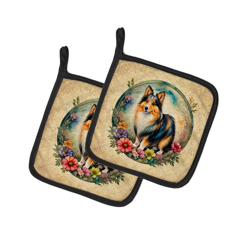 Sheltie and Flowers Pot Holders - Set of 2 Decorative Kitchen Helpers | Made in the USA