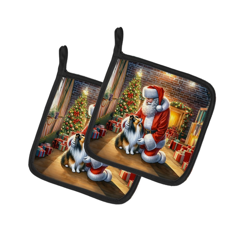 Sheltie and Santa Claus Pot Holders - Set of 2 Decorative Kitchen Helpers | Made in the USA