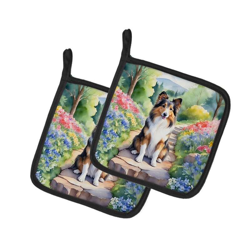 Sheltie Spring Path Pot Holders - Set of 2 Decorative Kitchen Helpers | Made in the USA