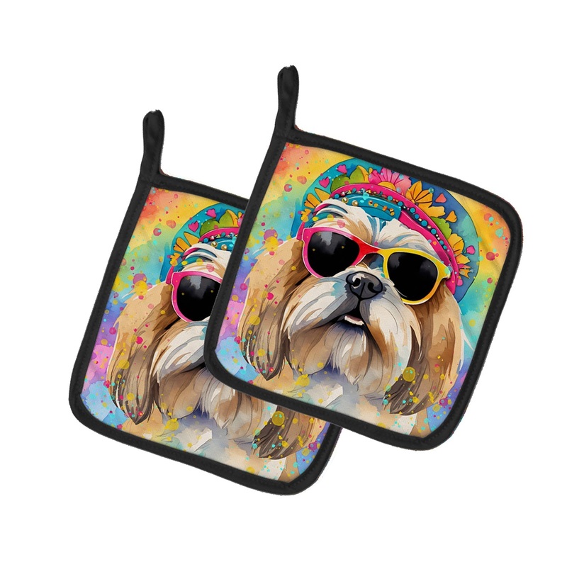 Shih Tzu Hippie Dawg Pot Holders - Set of 2 Decorative Kitchen Helpers | Made in the USA