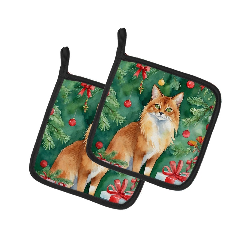 Somali Cat By the Christmas Tree Pot Holders - Set of 2 Decorative Kitchen Helpers | Made in the USA