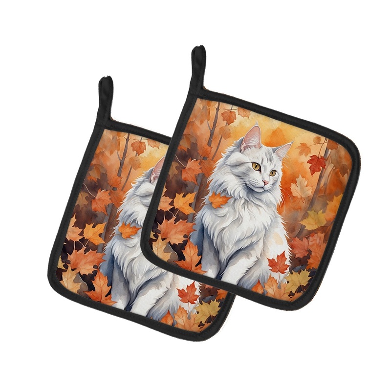 Turkish Angora Cat in Fall Leaves Pot Holders - Set of 2 Decorative Kitchen Helpers | Made in the USA