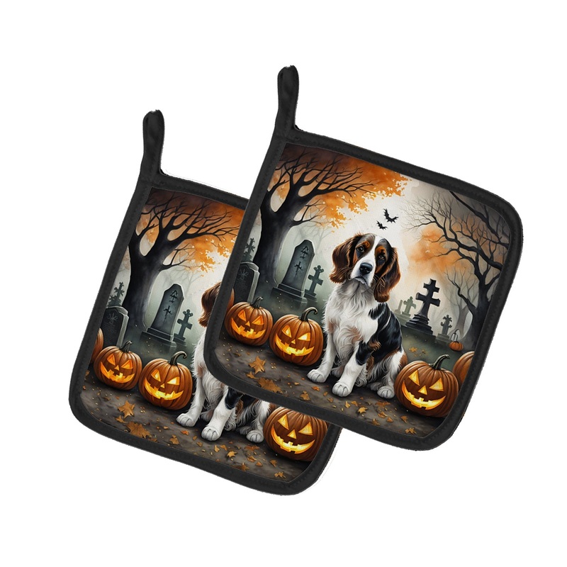 Welsh Springer Spaniel Spooky Halloween Pot Holders - Set of 2 Decorative Kitchen Helpers | Made in the USA