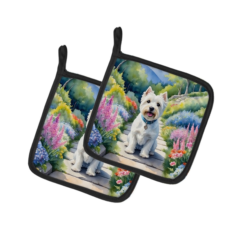 Westie Spring Path Pot Holders - Set of 2 Decorative Kitchen Helpers | Made in the USA