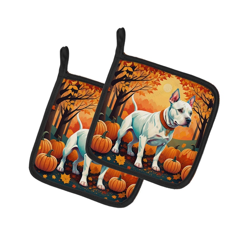 White Pit Bull Terrier Fall Pot Holders - Set of 2 Decorative Kitchen Helpers | Made in the USA