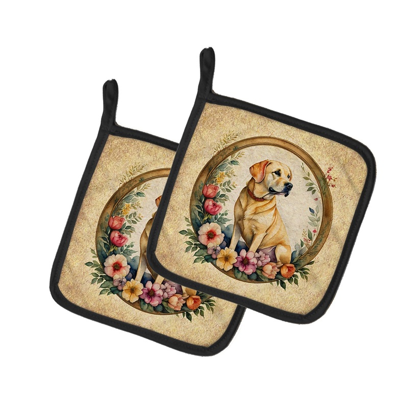 Yellow Labrador Retriever and Flowers Pot Holders - Set of 2 Decorative Kitchen Helpers | Made in the USA