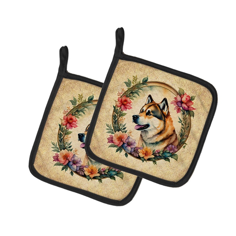 Akita and Flowers Pot Holders - Set of 2 Decorative Kitchen Helpers | Made in the USA