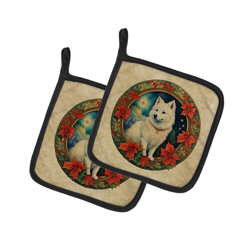American Eskimo Christmas Flowers Pot Holders - Set of 2 Decorative Kitchen Helpers | Made in the USA