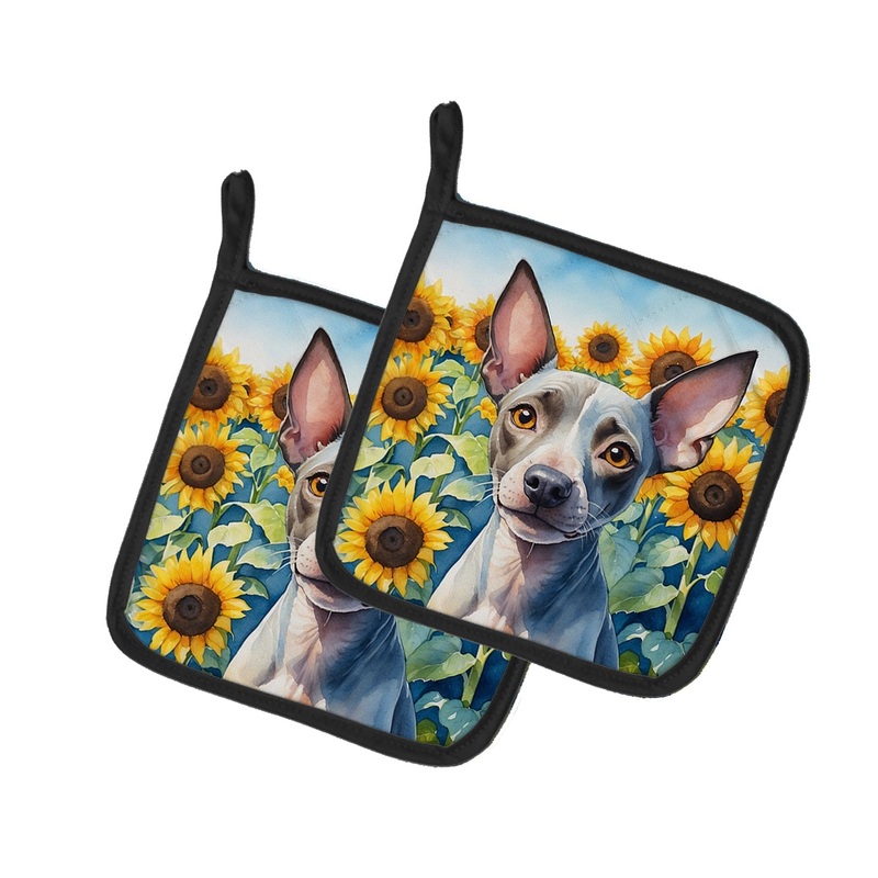 American Hairless Terrier in Sunflowers Pot Holders - Set of 2 Decorative Kitchen Helpers | Made in the USA