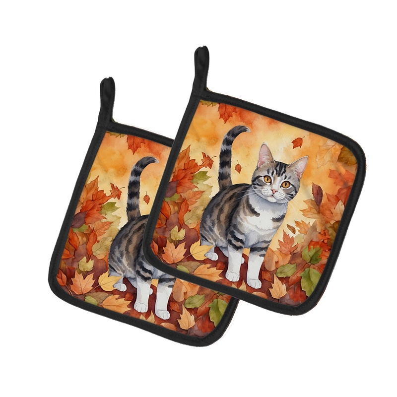 American Wirehair Cat in Fall Leaves Pot Holders - Set of 2 Decorative Kitchen Helpers | Made in the USA