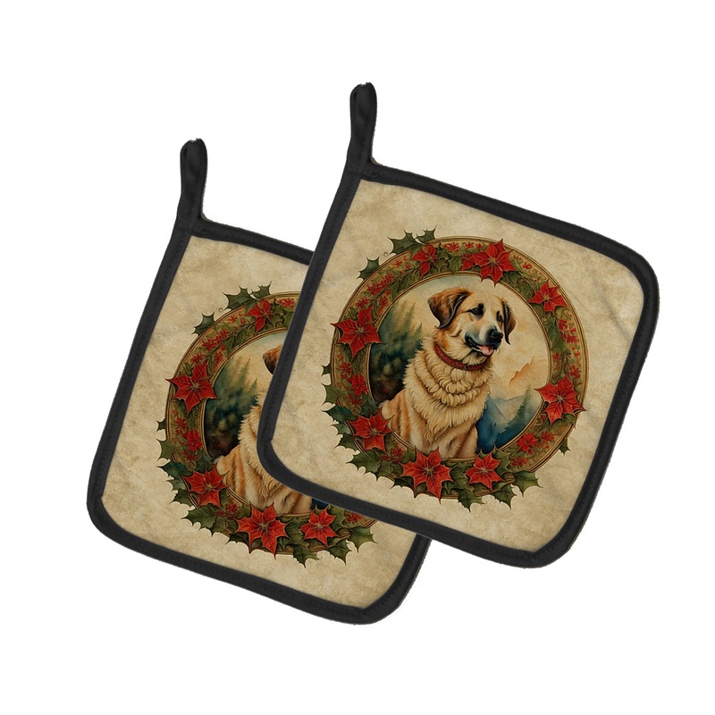 Anatolian Shepherd Dog Christmas Flowers Pot Holders - Set of 2 Decorative Kitchen Helpers | Made in the USA