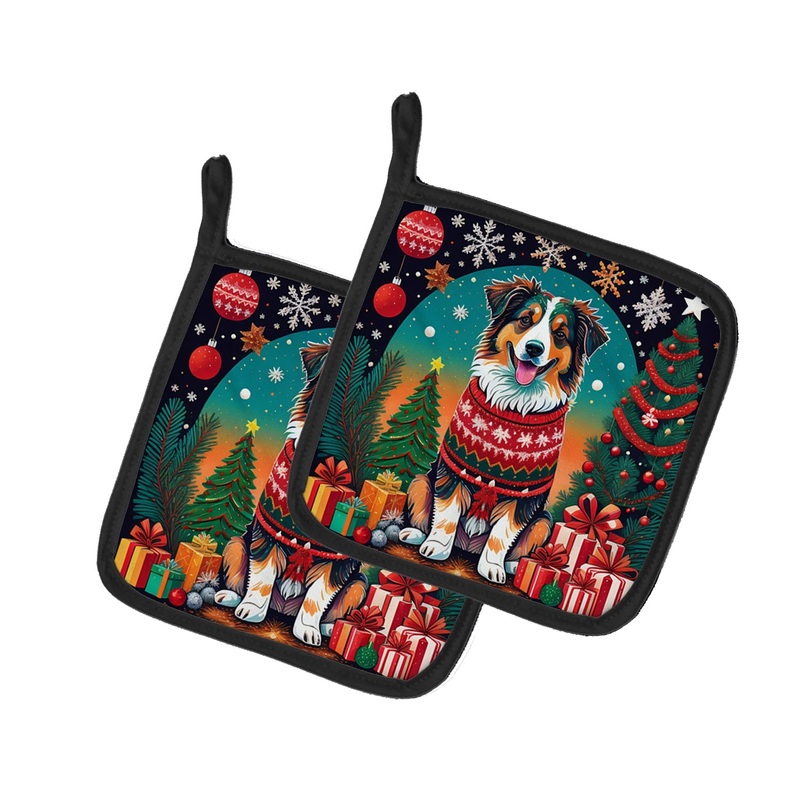 Australian Shepherd Christmas Pot Holders - Set of 2 Decorative Kitchen Helpers | Made in the USA
