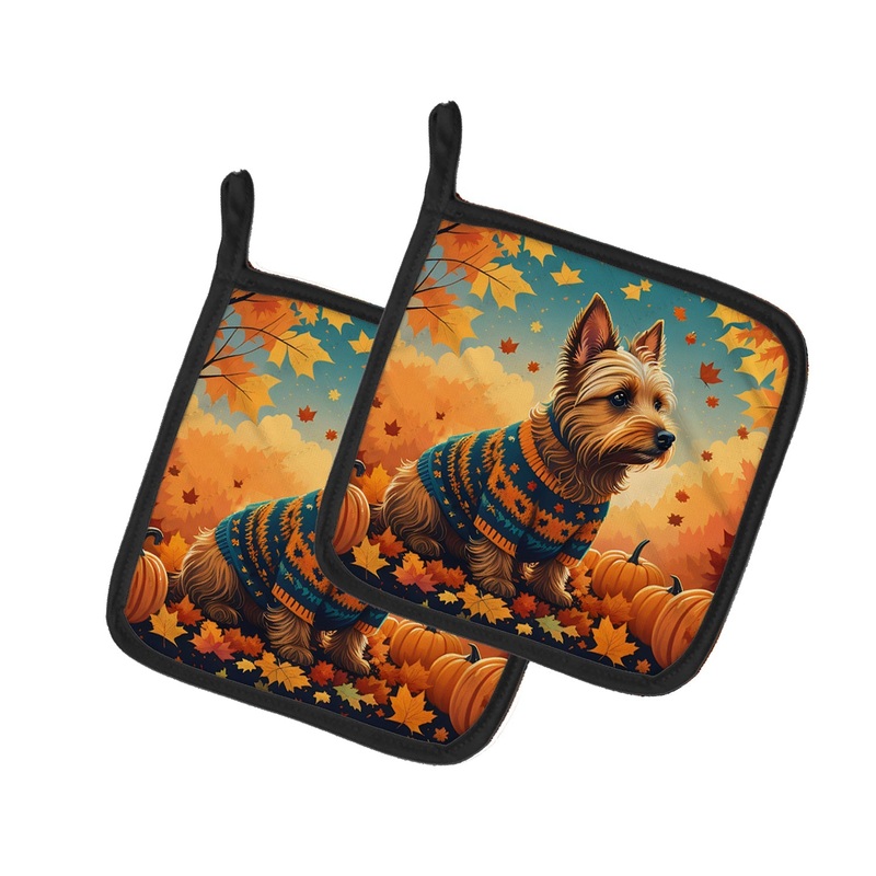 Australian Terrier Terrier Fall Pot Holders - Set of 2 Decorative Kitchen Helpers | Made in the USA
