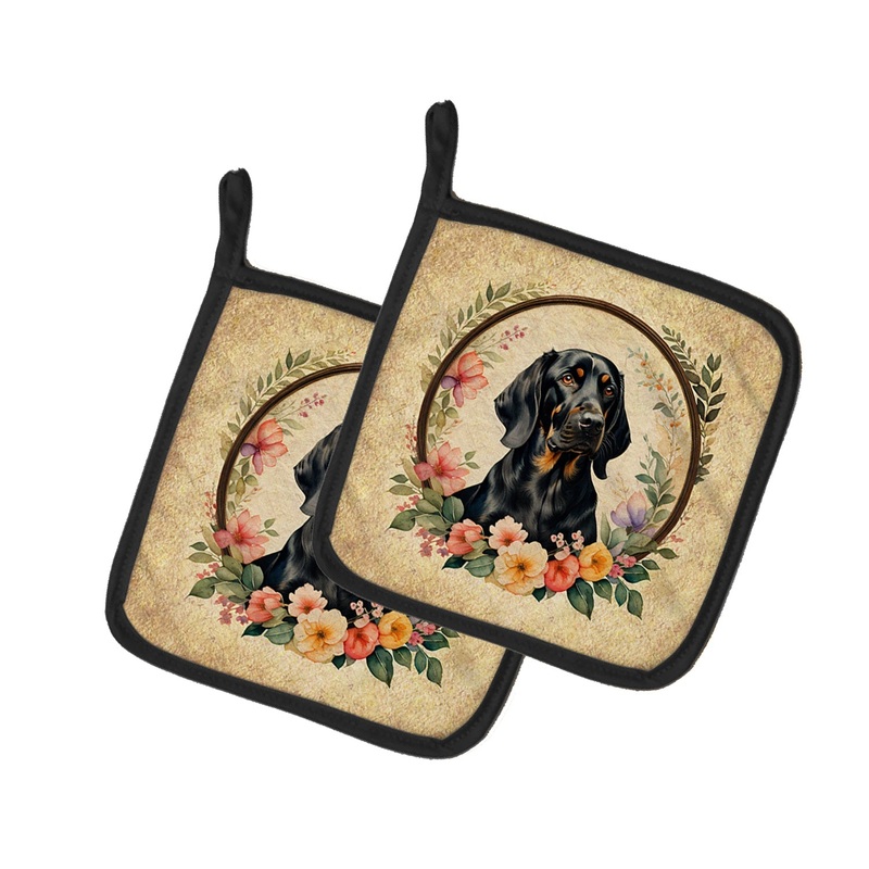 Black and Tan Coonhound and Flowers Pot Holders - Set of 2 Decorative Kitchen Helpers | Made in the USA