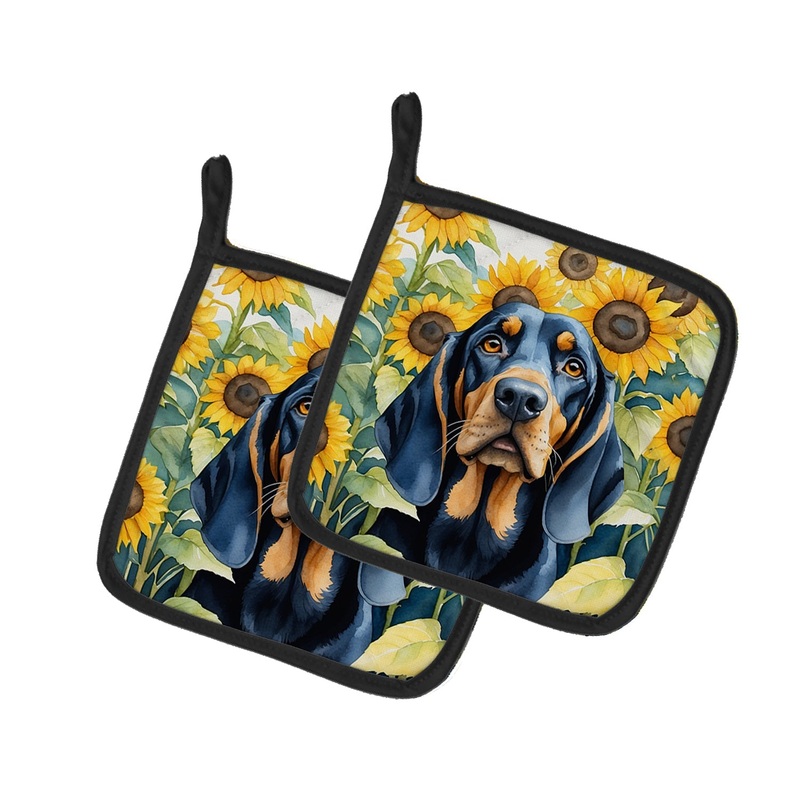 Black and Tan Coonhound in Sunflowers Pot Holders - Set of 2 Decorative Kitchen Helpers | Made in the USA