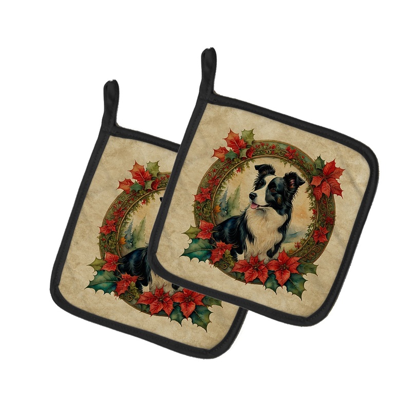 Border Collie Christmas Flowers Pot Holders - Set of 2 Decorative Kitchen Helpers | Made in the USA