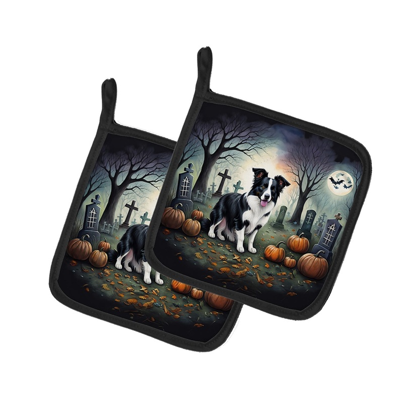 Border Collie Spooky Halloween Pot Holders - Set of 2 Decorative Kitchen Helpers | Made in the USA
