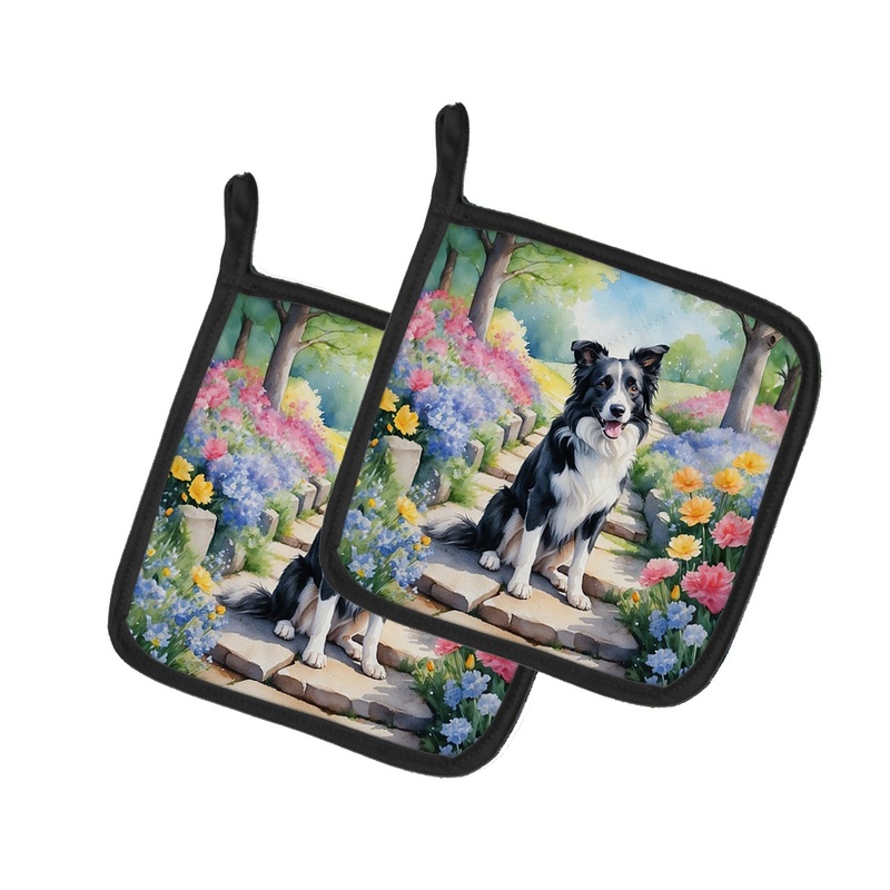 Border Collie Spring Path Pot Holders - Set of 2 Decorative Kitchen Helpers | Made in the USA