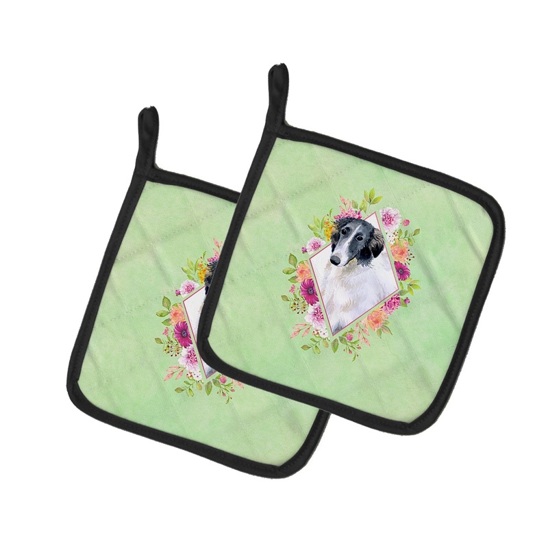 Borzoi Green Flowers Pot Holders - Set of 2 - Heat-Resistant Kitchen Essentials CK4282PTHD
